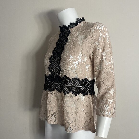 ZARA Lace Sheer Top XS Beige Black Floral High Neck Victorian Romantic Boho Lacy - Picture 3 of 15